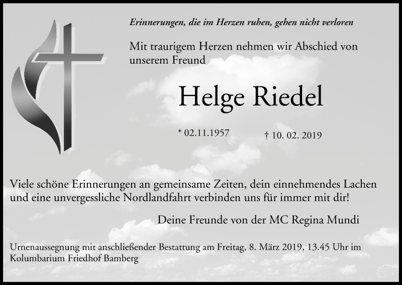  Traueranzeige für Helge Riedel vom 02.03.2019 aus MGO
