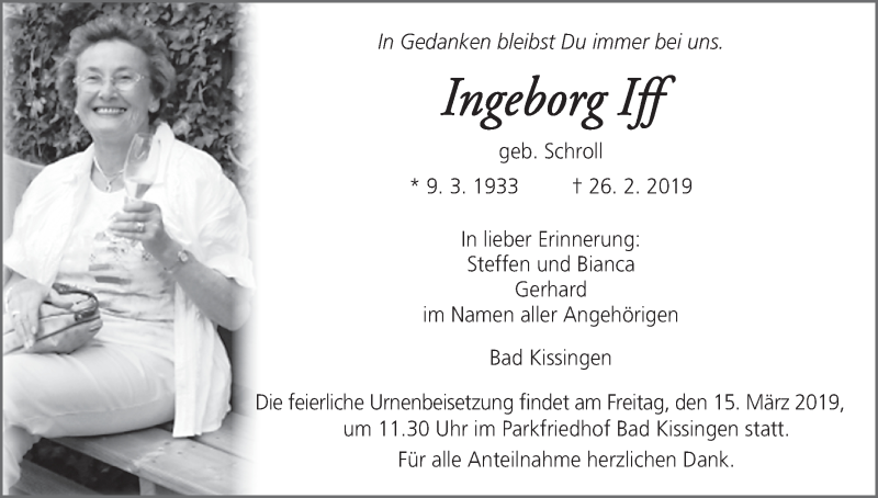  Traueranzeige für Ingeborg Iff vom 09.03.2019 aus MGO