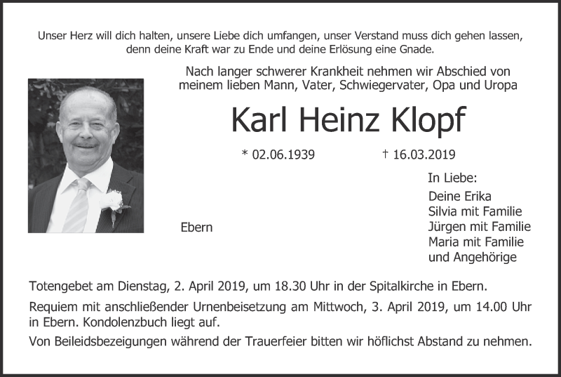 Traueranzeige für Karl Heinz Klopf vom 30.03.2019 aus MGO