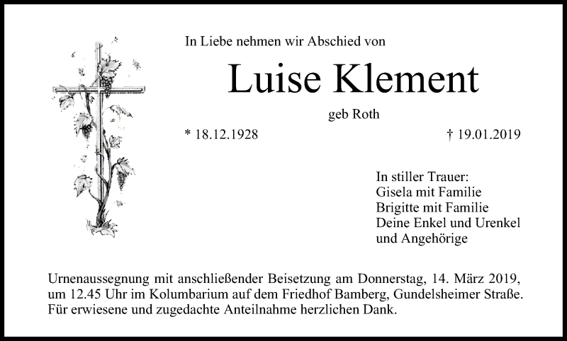  Traueranzeige für Luise Klement vom 09.03.2019 aus MGO