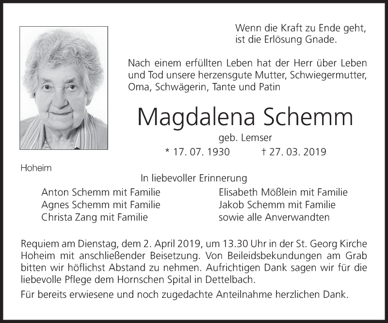  Traueranzeige für Magdalena Schemm vom 29.03.2019 aus MGO