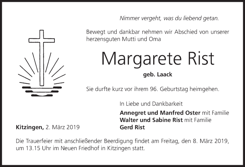  Traueranzeige für Margarete Rist vom 06.03.2019 aus MGO