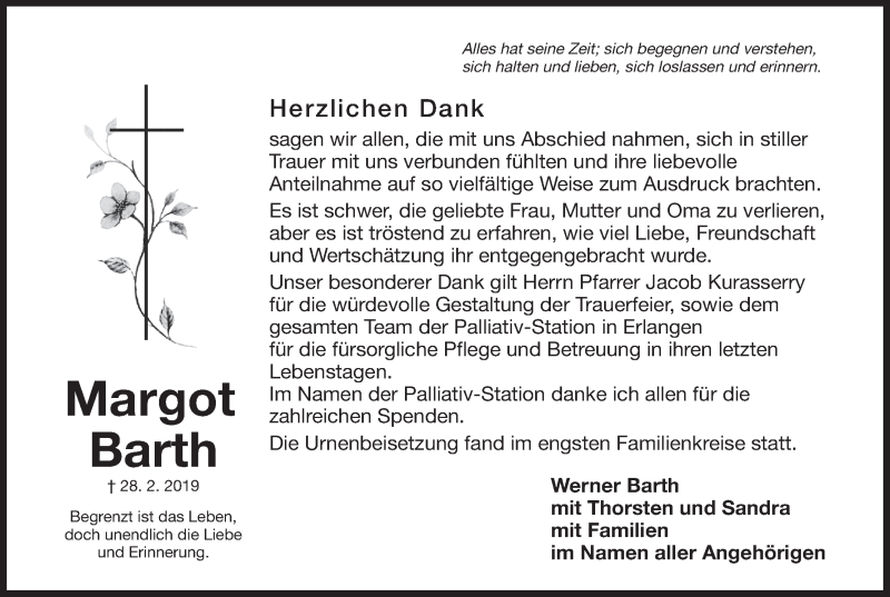  Traueranzeige für Margot Barth vom 30.03.2019 aus MGO