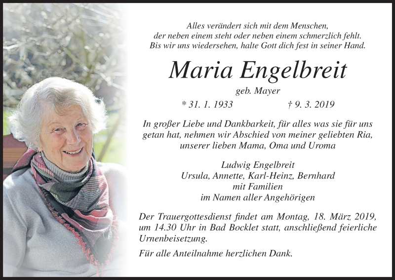  Traueranzeige für Maria Engelbreit vom 14.03.2019 aus MGO