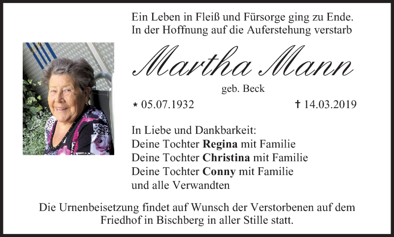  Traueranzeige für Martha Mann vom 16.03.2019 aus MGO