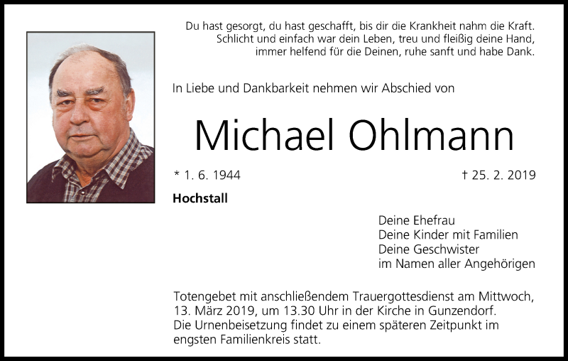  Traueranzeige für Michael Ohlmann vom 09.03.2019 aus MGO