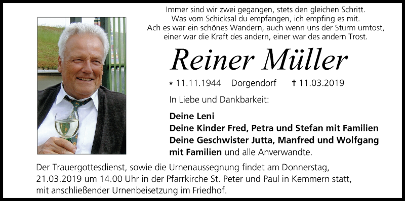  Traueranzeige für Reiner Müller vom 16.03.2019 aus MGO