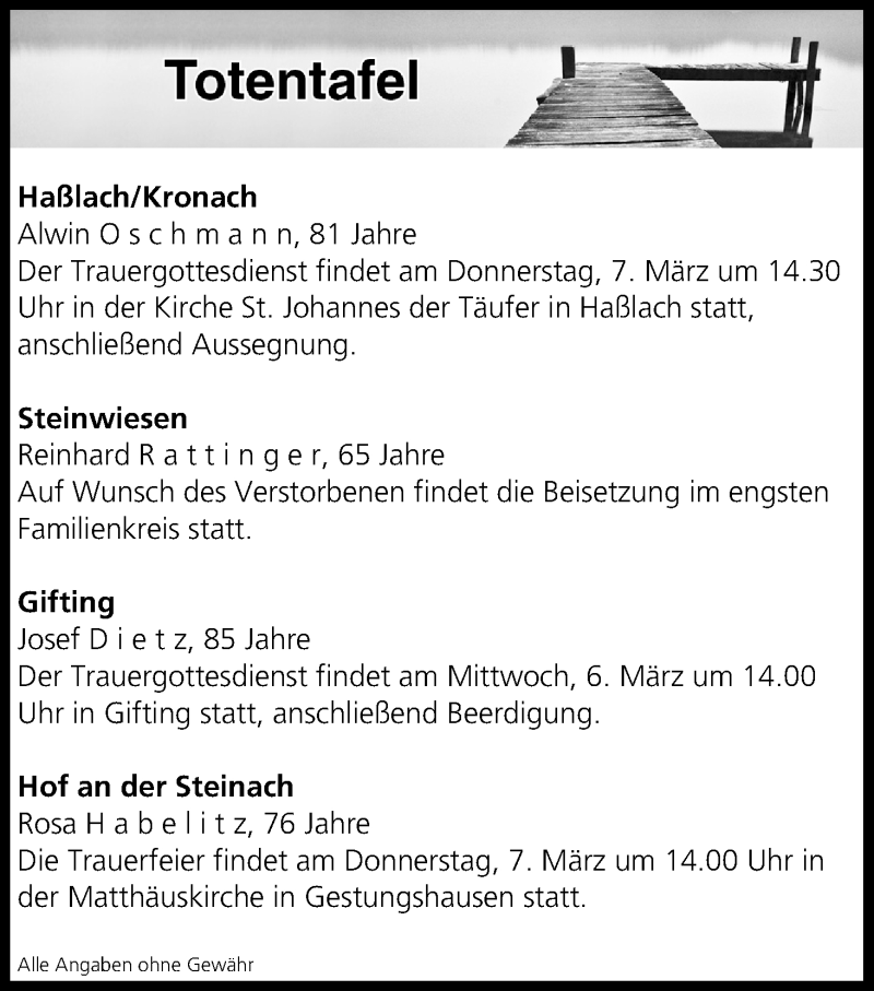  Traueranzeige für Totentafel vom 06.03.2019 vom 06.03.2019 aus MGO