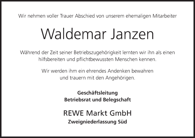  Traueranzeige für Waldemar Janzen vom 09.03.2019 aus MGO