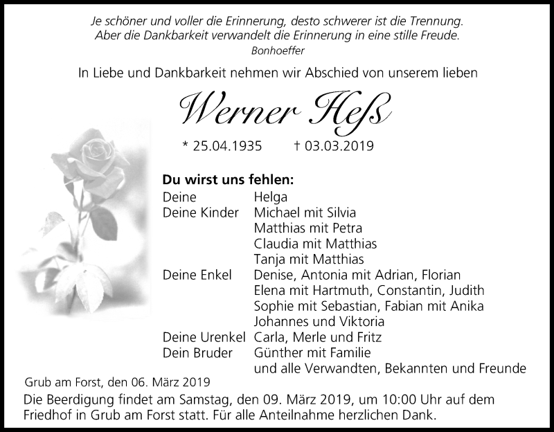  Traueranzeige für Werner Heß vom 06.03.2019 aus MGO