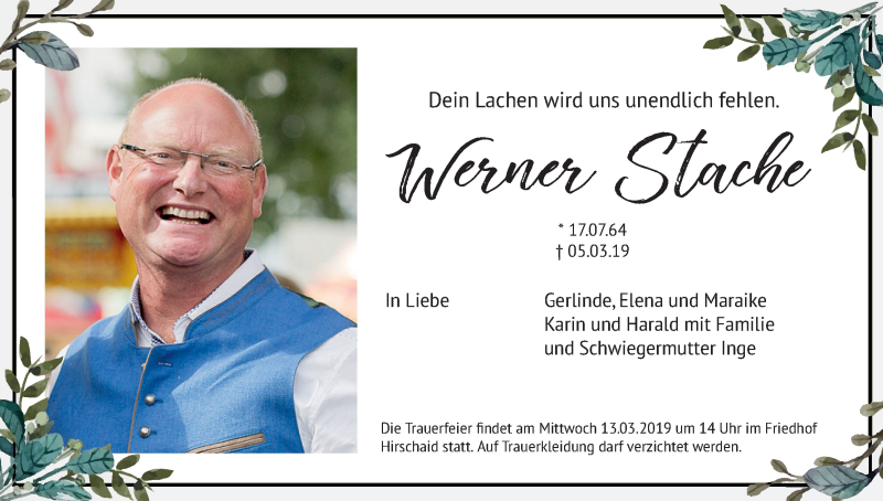  Traueranzeige für Werner Stache vom 09.03.2019 aus MGO