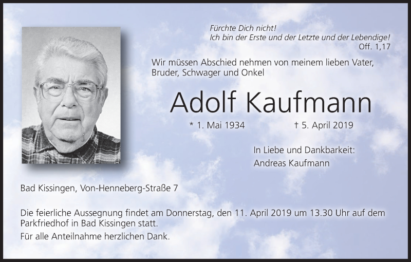  Traueranzeige für Adolf Kaufmann vom 09.04.2019 aus MGO