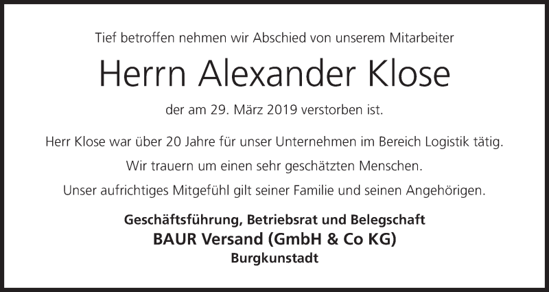  Traueranzeige für Alexander Klose vom 06.04.2019 aus MGO