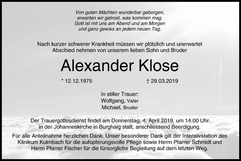  Traueranzeige für Alexander Klose vom 02.04.2019 aus MGO
