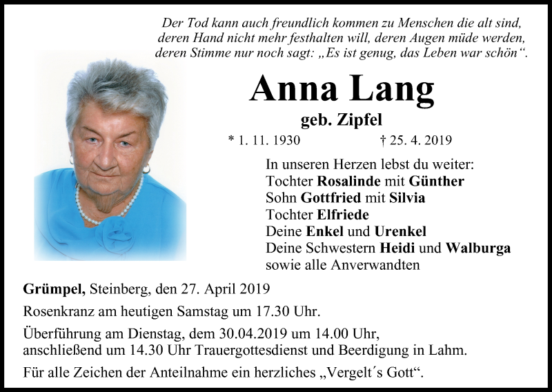 Anna Lang | Traueranzeige | trauer.inFranken.de