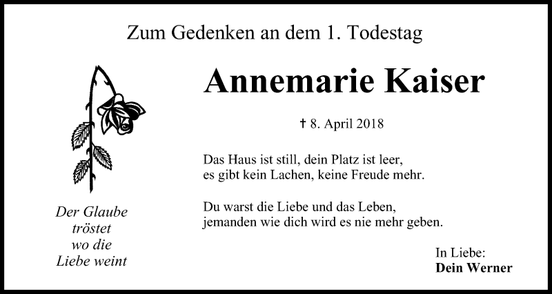  Traueranzeige für Annemarie Kaiser vom 08.04.2019 aus MGO