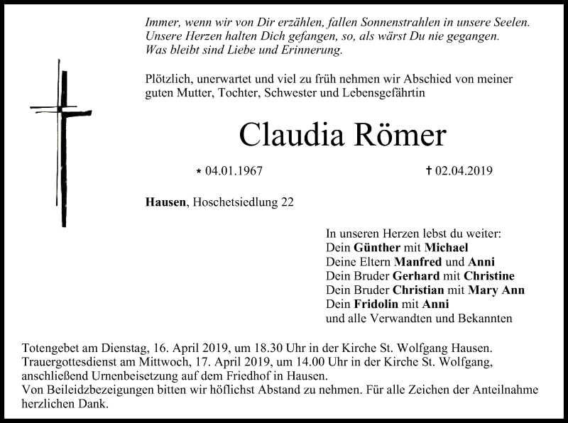  Traueranzeige für Claudia Römer vom 13.04.2019 aus MGO
