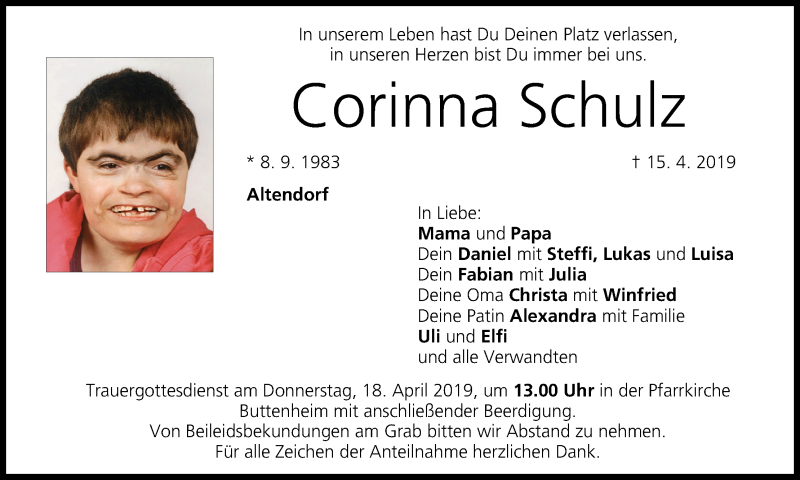 Traueranzeige für Corinna Schulz vom 17.04.2019 aus MGO