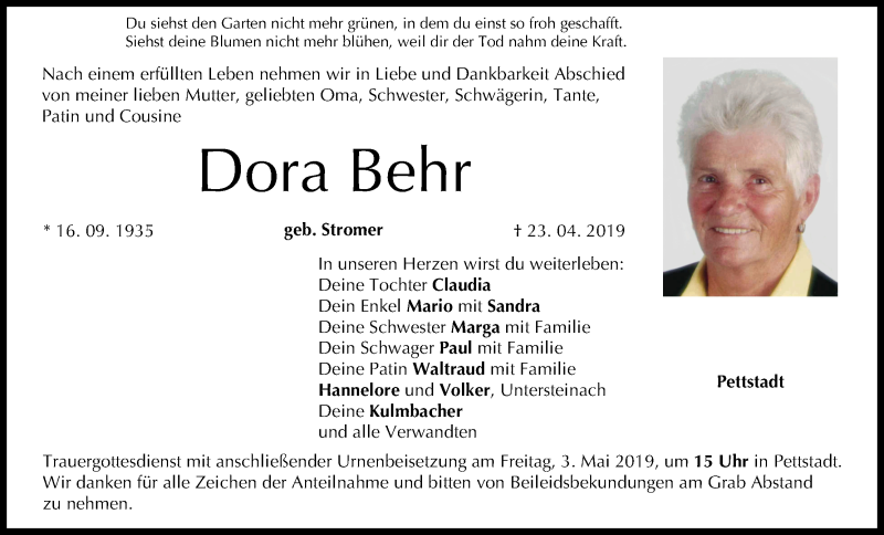  Traueranzeige für Dora Behr vom 27.04.2019 aus MGO