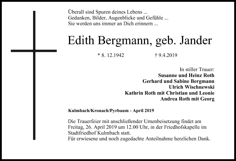  Traueranzeige für Edith Bergmann vom 24.04.2019 aus MGO
