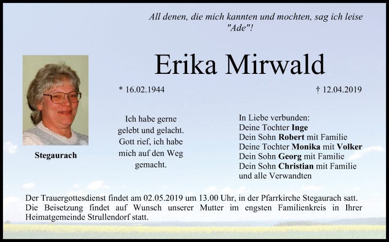  Traueranzeige für Erika Mirwald vom 27.04.2019 aus MGO