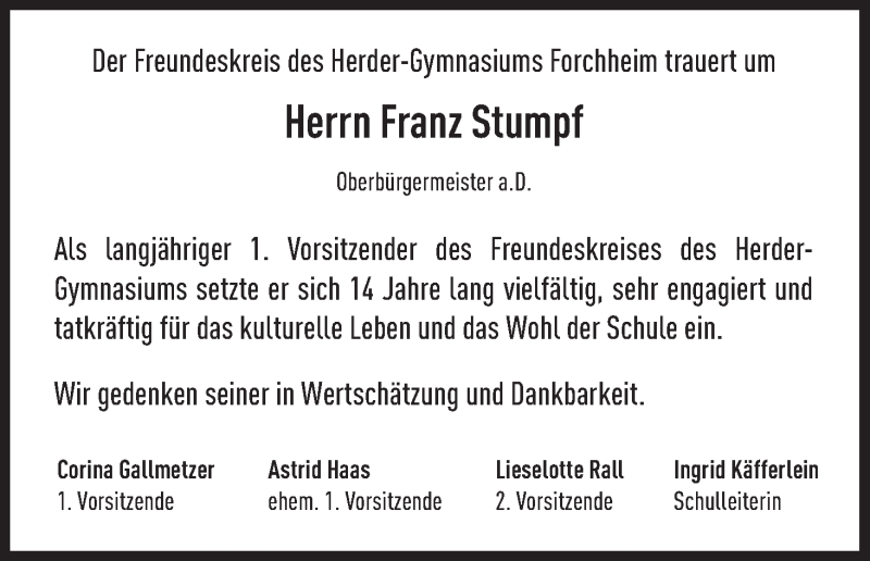 Traueranzeige für Franz Stumpf vom 12.04.2019 aus MGO