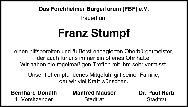  Traueranzeige für Franz Stumpf vom 13.04.2019 aus MGO
