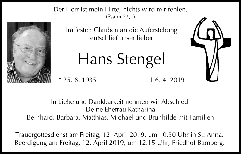  Traueranzeige für Hans Stengel vom 09.04.2019 aus MGO