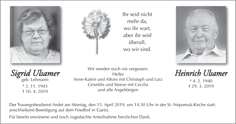  Traueranzeige für Heinrich Ulsamer vom 12.04.2019 aus MGO
