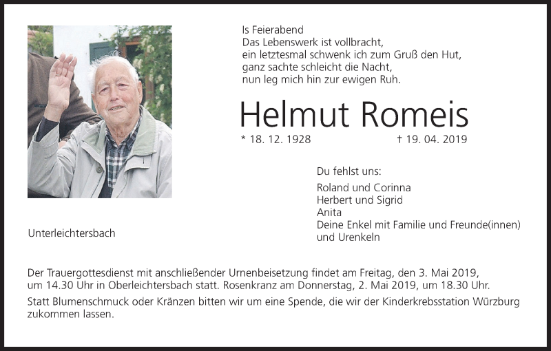  Traueranzeige für Helmut Romeis vom 27.04.2019 aus MGO