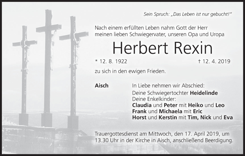  Traueranzeige für Herbert Rexin vom 15.04.2019 aus MGO