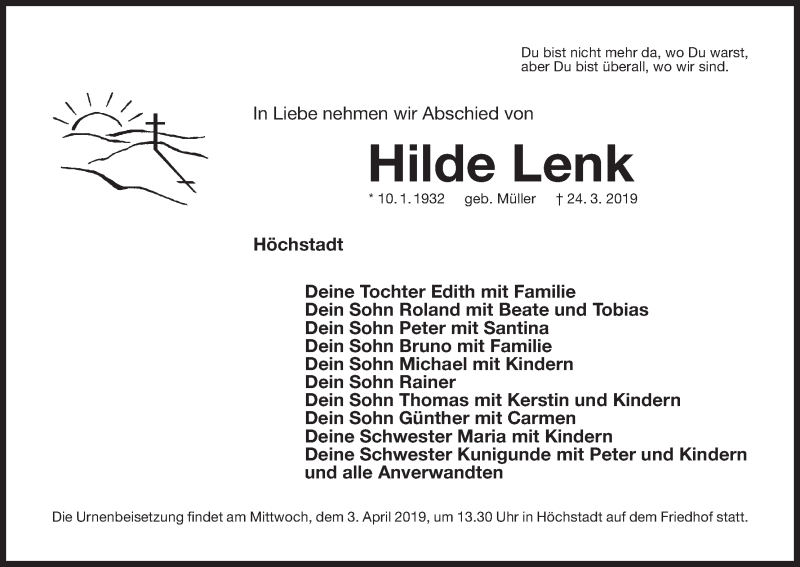  Traueranzeige für Hilde Lenk vom 01.04.2019 aus MGO