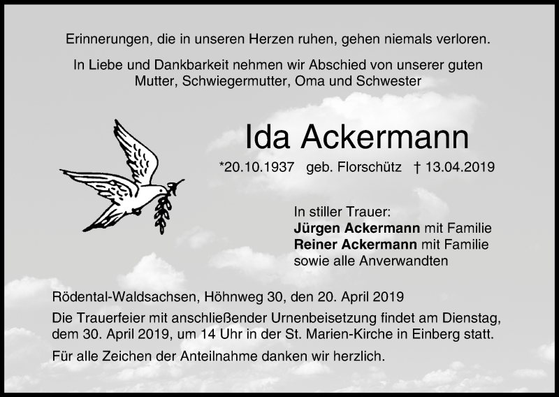  Traueranzeige für Ida Ackermann vom 20.04.2019 aus MGO