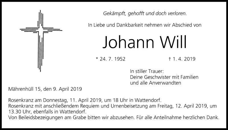  Traueranzeige für Johann Will vom 09.04.2019 aus MGO