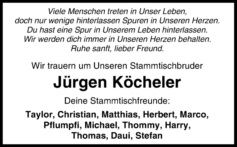  Traueranzeige für Jürgen Köcheler vom 13.04.2019 aus MGO
