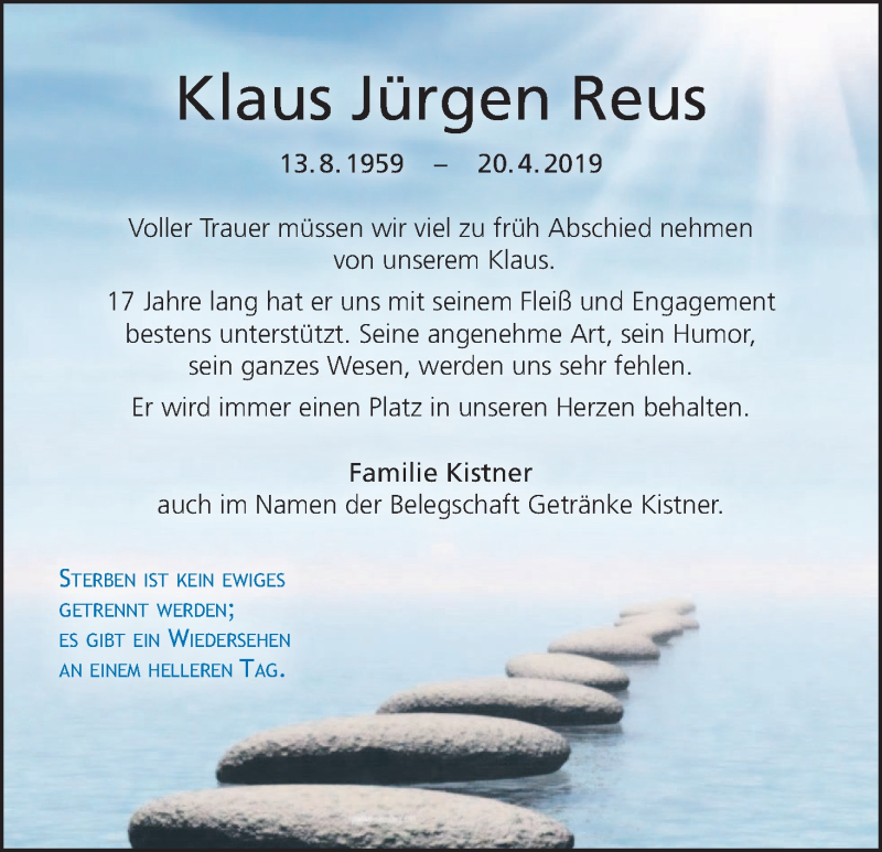  Traueranzeige für Klaus Jürgen Reus vom 27.04.2019 aus MGO