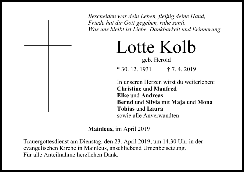  Traueranzeige für Lotte Kolb vom 18.04.2019 aus MGO