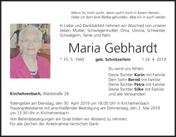 Maria Gebhardt | Traueranzeige | trauer.inFranken.de