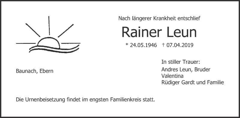  Traueranzeige für Rainer Leun vom 12.04.2019 aus MGO