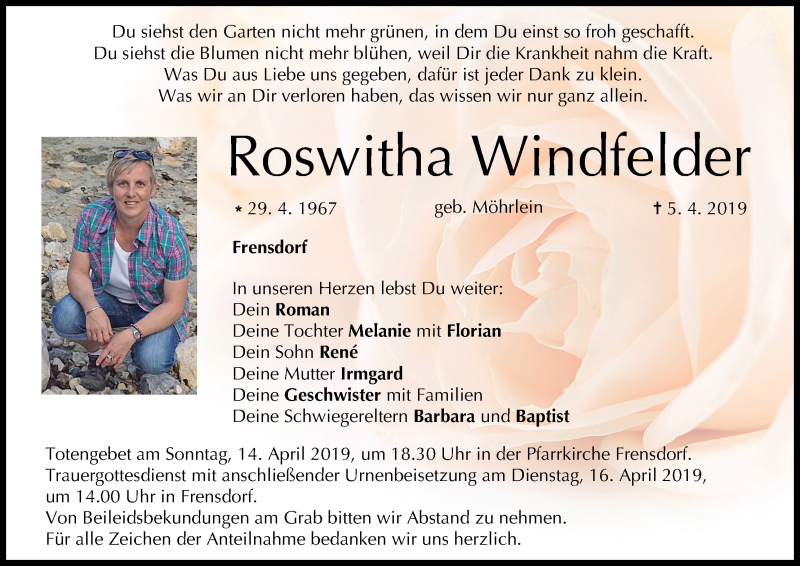  Traueranzeige für Roswitha Windfelder vom 10.04.2019 aus MGO