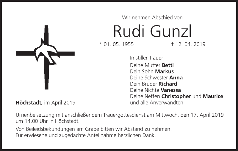  Traueranzeige für Rudi Gunzl vom 15.04.2019 aus MGO