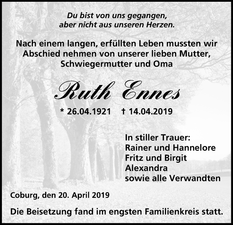  Traueranzeige für Ruth Ennes vom 20.04.2019 aus MGO
