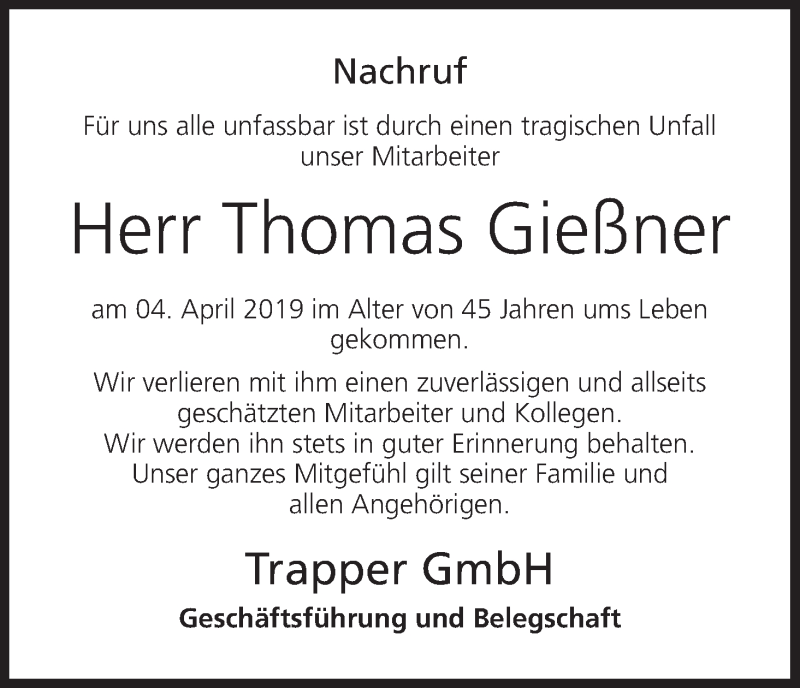  Traueranzeige für Thomas Gießner vom 17.04.2019 aus MGO