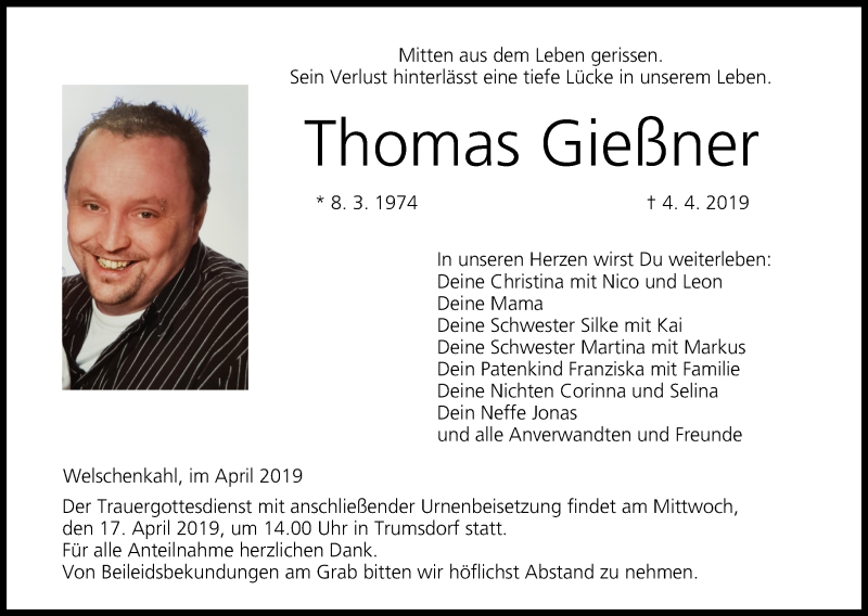  Traueranzeige für Thomas Gießner vom 13.04.2019 aus MGO