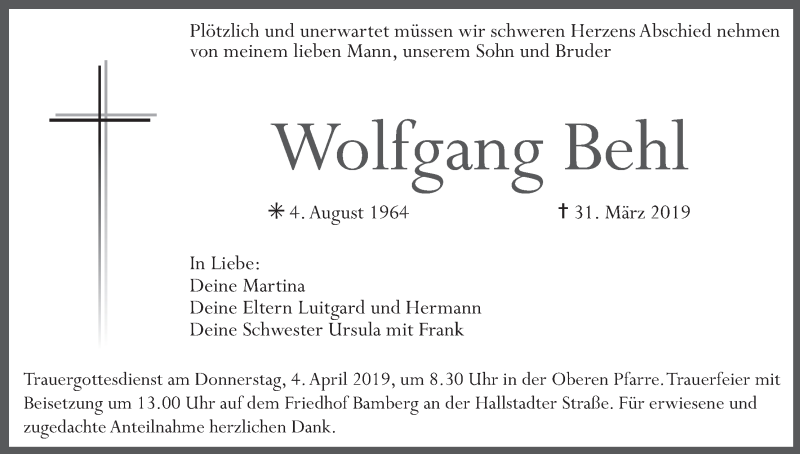  Traueranzeige für Wolfgang Behl vom 02.04.2019 aus MGO