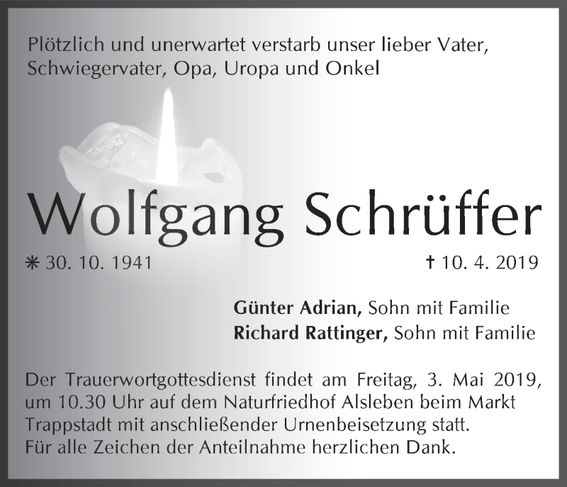  Traueranzeige für Wolfgang Schrüffer vom 29.04.2019 aus MGO