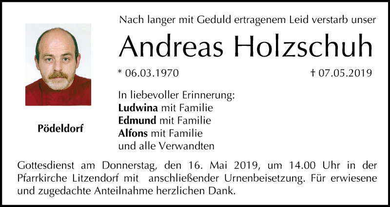  Traueranzeige für Andreas Holzschuh vom 13.05.2019 aus MGO