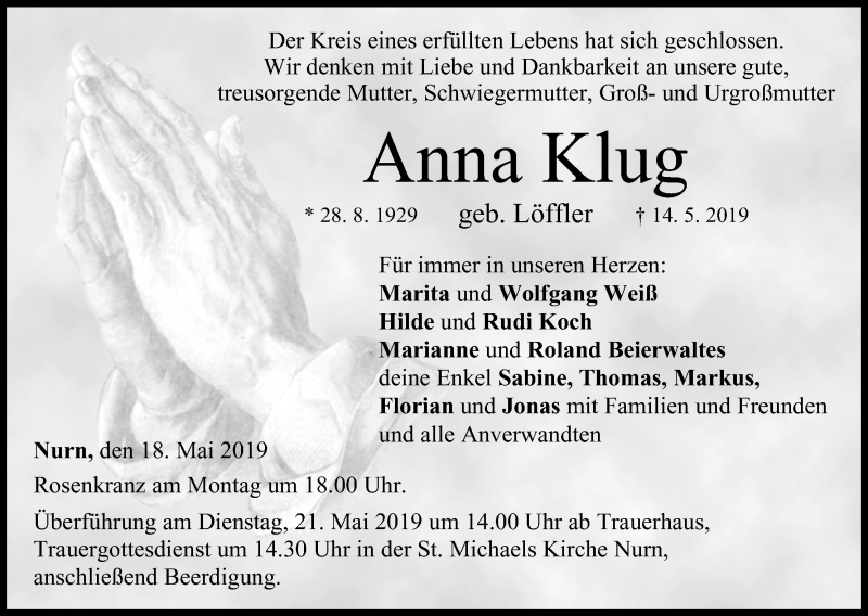  Traueranzeige für Anna Klug vom 18.05.2019 aus MGO