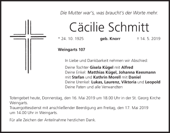 Anzeige von Cäcilie Schmitt von MGO