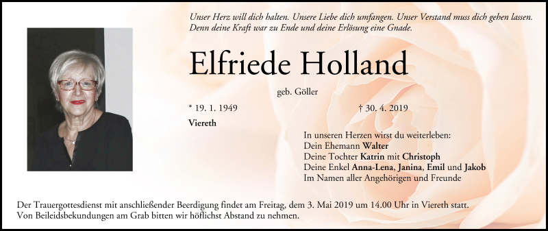  Traueranzeige für Elfriede Holland vom 01.05.2019 aus MGO